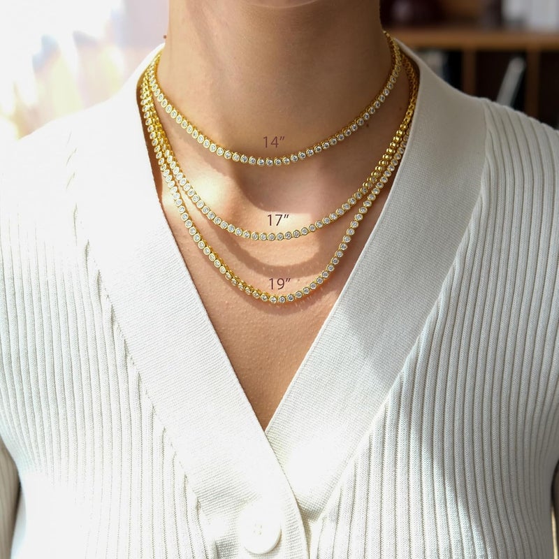 espere Round Bezel Tennis Necklace | 14K Yellow Gold Bezel Set Round CZ Chain Necklace 3 Carat | Classic Round-Cut Diamond Necklace CZ Tennis | Bridal Jewelry | Wedding Necklace | Bridal Necklace - Image 4